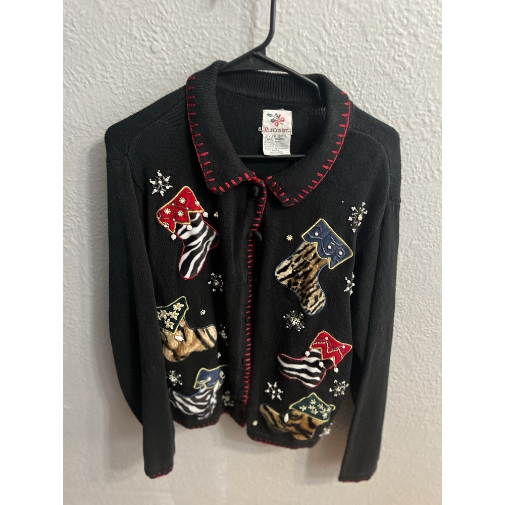 NutCracker Full Button Up Christmas Stockings Sweater Beaded Leopard Size Large